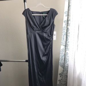NWT Ralph Lauren Satin Surplice Gown Slate Grey 10